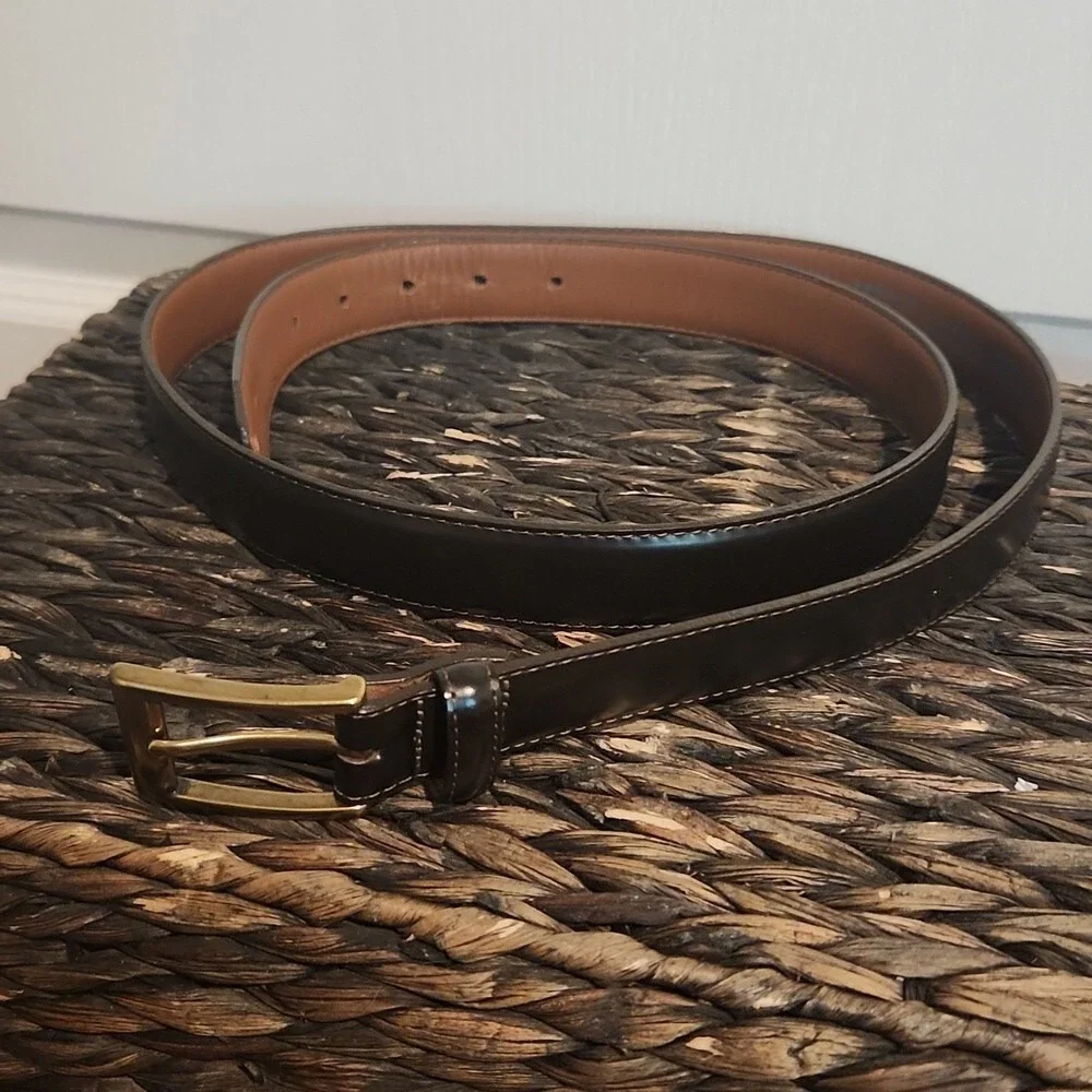 Mens L.L. Bean Dark Brown Leather‎ Belt Brass Buckle, Size 44